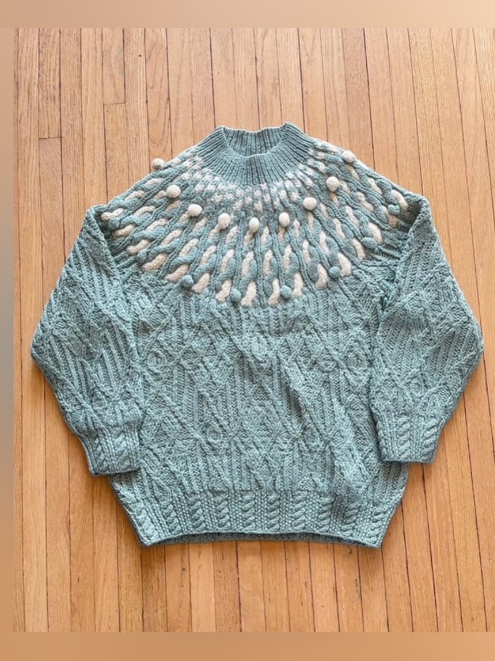 Japan brand Cable Knit Pom-Pom Yoke wool Sweater in Sage Green